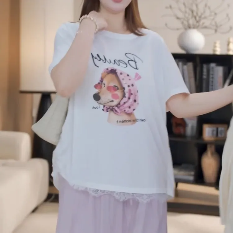 2025夏季新款设计感蕾丝慵懒拼接短袖T恤LK2504299