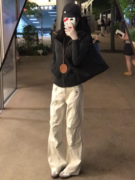 2025夏季新款美式复古格子连帽毛衣外套杏色阔腿工装裤两件套