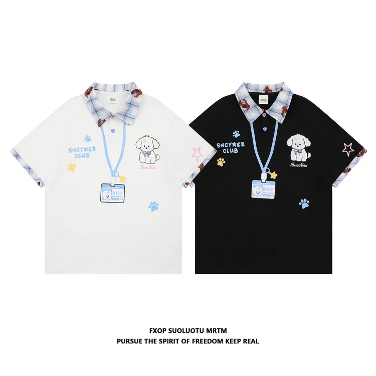 FXOP短袖情侣T恤POLO领半袖可爱小狗假两件学院风夏季百搭L919