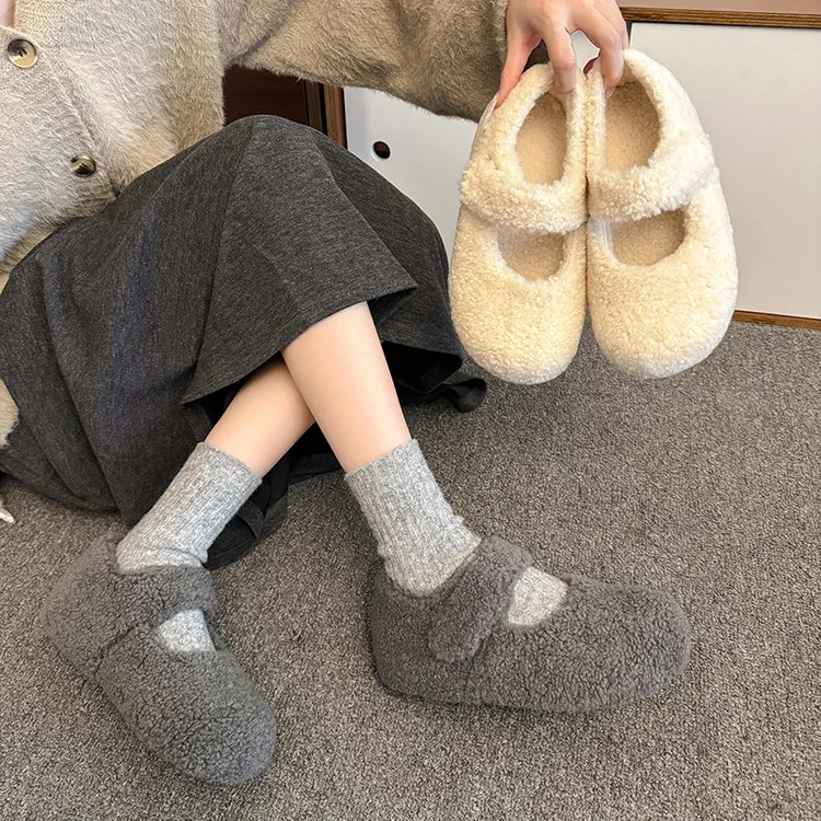 软糯小土豆~内增高5CM毛毛鞋加绒玛丽珍鞋勃肯鞋女冬季厚底棉鞋