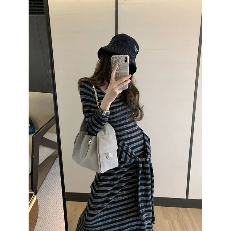 韩国东大门2025夏季新款韩版减龄条纹系带收腰短袖假两件连衣裙