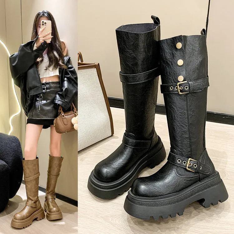 美拉德棕色长筒靴女2025秋冬新款胖mm粗腿增高骑士靴小个子高筒靴