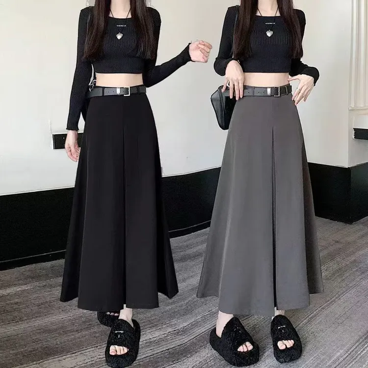 KALUOLAI/卡洛莱黑色复古毛呢半身裙女秋冬新款胖MM显瘦遮胯长裙