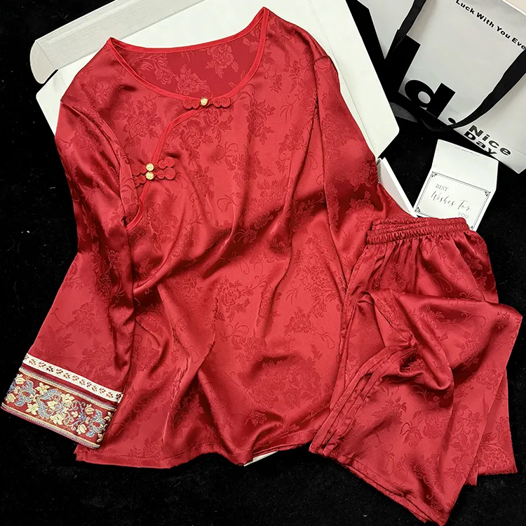 编织刺绣红色新中式国风睡衣女士长袖春夏薄款冰丝格格清汉家居服