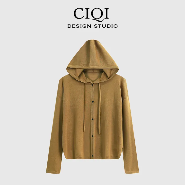 CIQI STUDIO【云柔丝滑】夏季进口醋酸连帽v领针织开衫DY25865