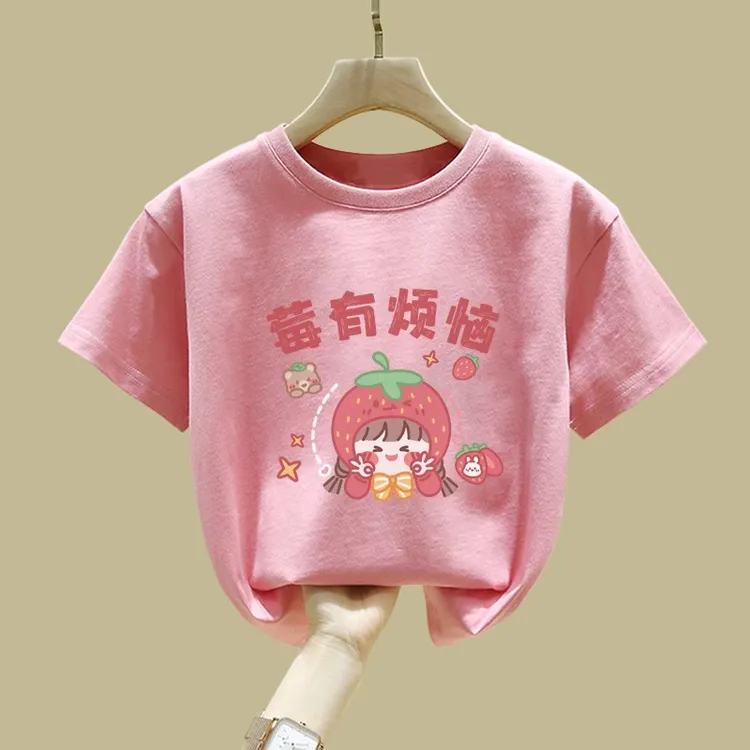女童短袖t恤粉色夏季2025新款中小童纯棉半袖儿童圆领上衣体恤衫