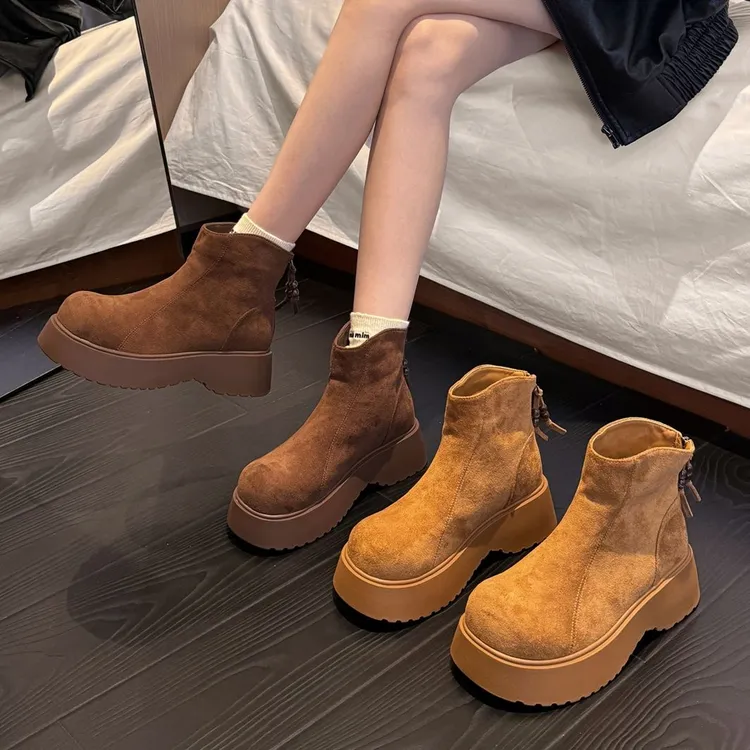 贾不假琥珀系短靴女2025新款秋季百搭厚底增高马丁靴小个子流行款