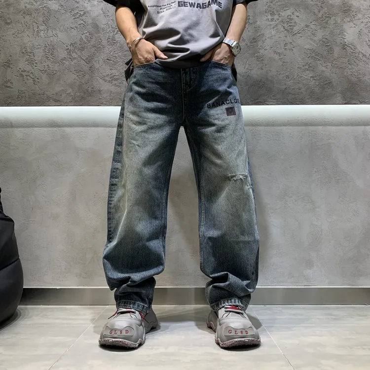 秋季新款男士潮流百搭牛仔裤美式直筒高街宽松休闲复古水洗长裤