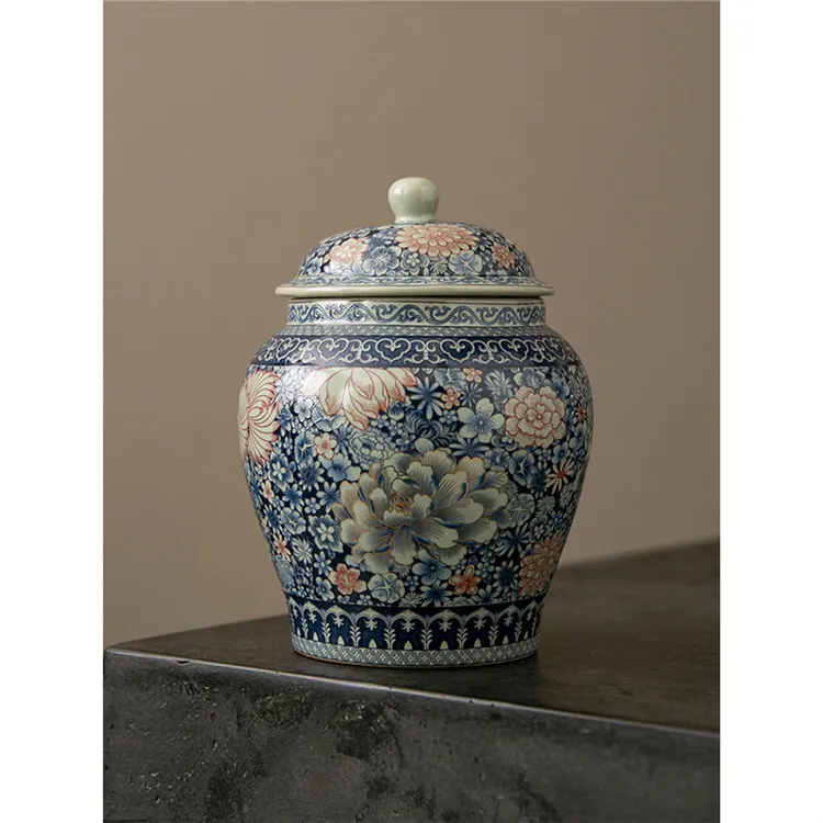 汝窑青花陶瓷家用小型中式茶叶密封罐储存罐茶叶罐可养复古存茶罐