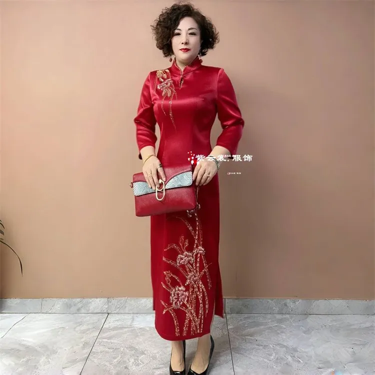 妈妈装结婚宴礼服中式旗袍连衣裙喜婆婆宴会敬酒服洋气长裙