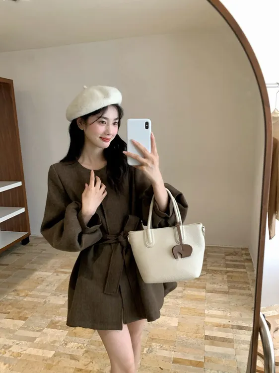 望野集WIdset爆款延伸版气质暗扣呢料中长款短外套(配腰带)9275#