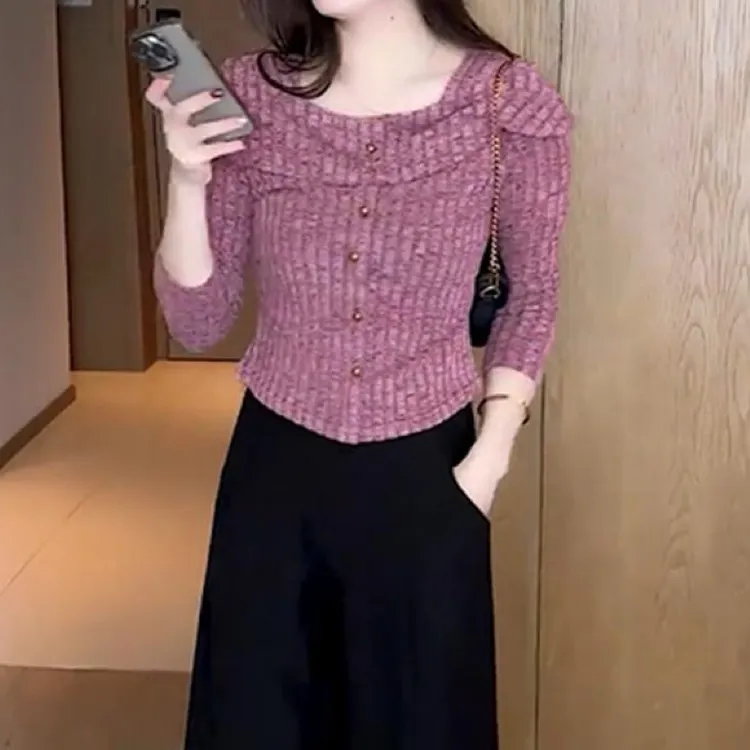 02时尚洋气新款气质一字肩T恤打底衫阔腿裤女装