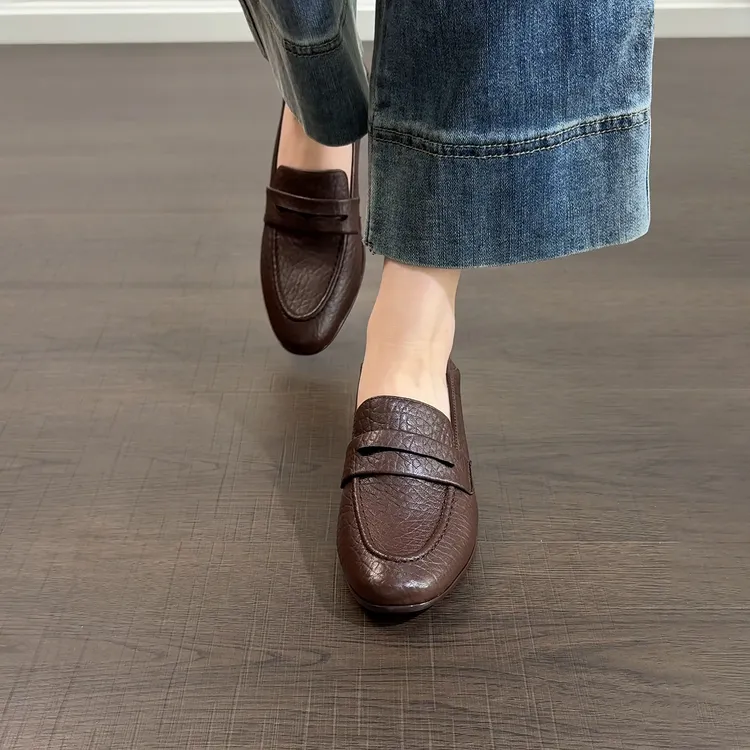 3.5cm/2659羊皮粗跟单鞋女春秋百搭软皮圆头低跟乐福鞋休闲真皮