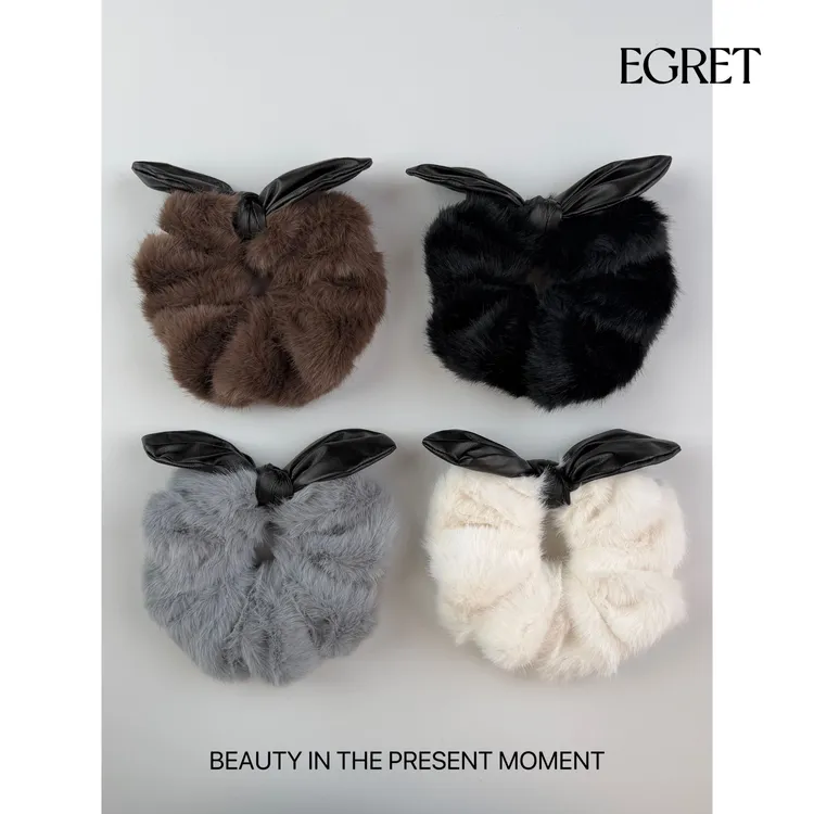 EGRET 【夜耳】秋冬毛绒大肠发圈黑皮兔耳高级感简约毛茸茸发圈新款