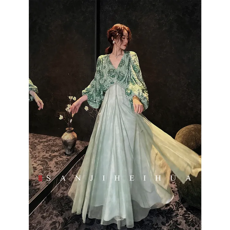 三吉黑花【上喜】新中式蕾丝网纱秋冬装连衣裙子连身长裙超好看的