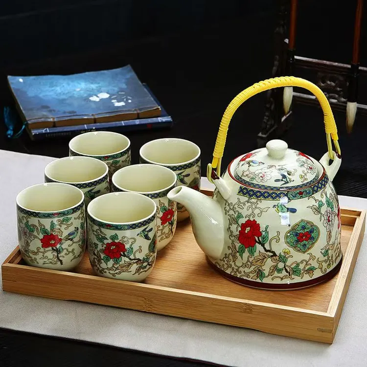 大号花鸟提梁壶茶具套装家用陶瓷茶盘套装花鸟一壶六杯加竹茶盘