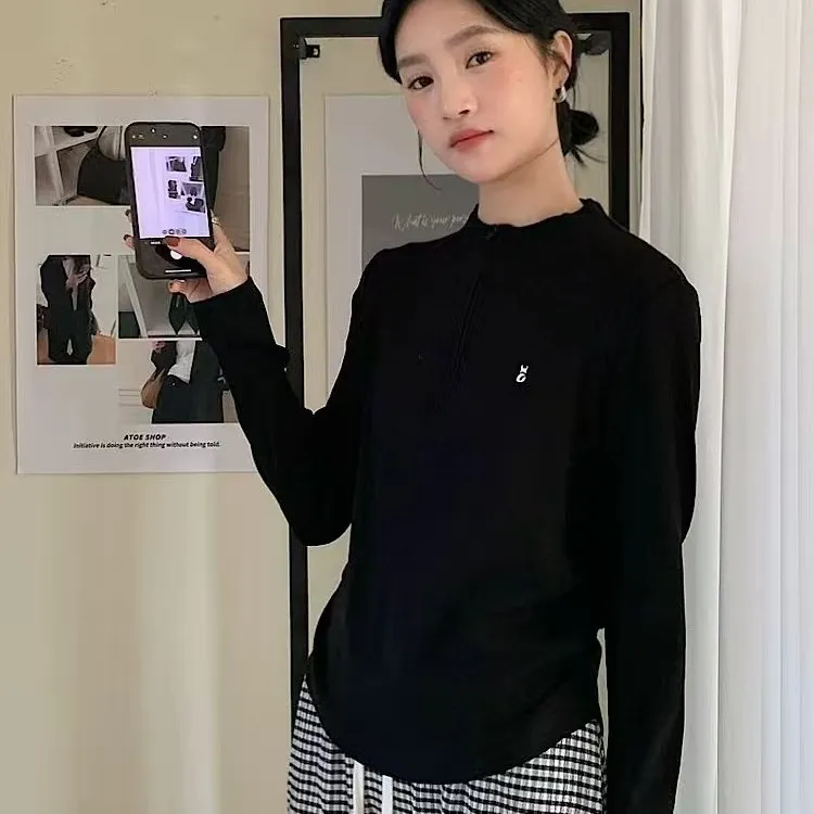 新款时尚减龄半拉链高弹力收腰显瘦长袖上衣