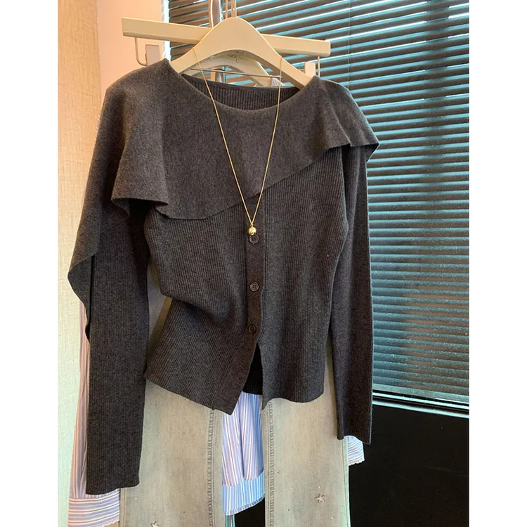 显瘦修身女装韩系穿搭灰色荷叶边针织衫2025秋款开叉下摆长袖上衣