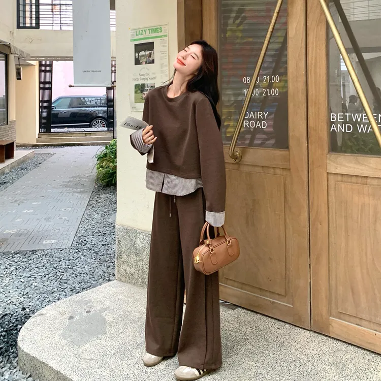 小众休闲风格子拼接卫衣长裤2025春秋新款简约通勤风韩系风套装裤