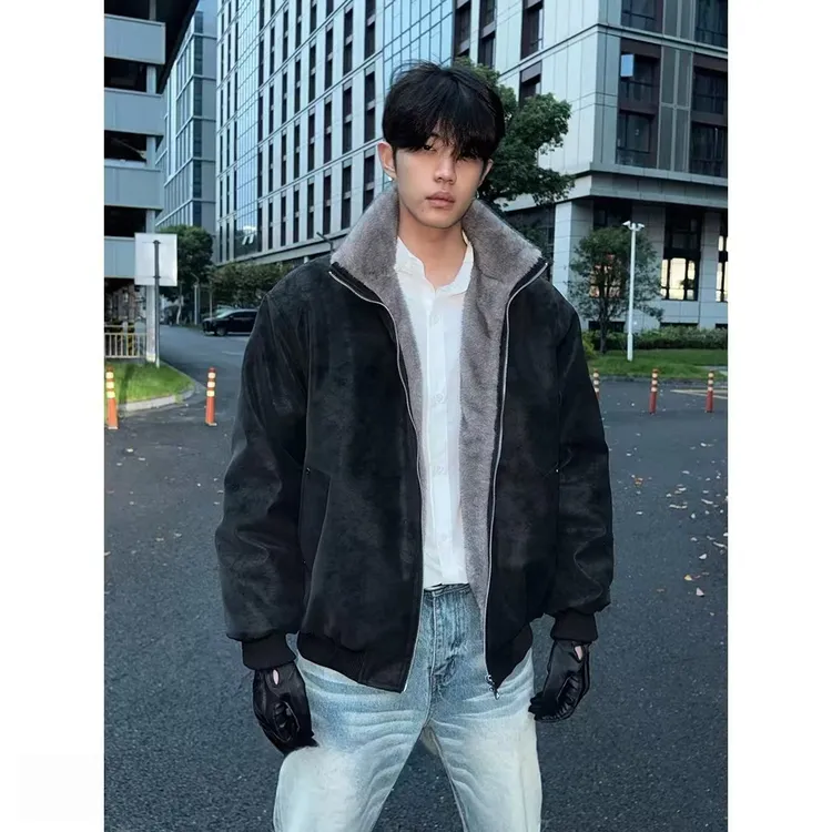 美式复古重磅仿双色貂毛棉衣男款冬季高街痞帅加厚保暖座山雕外套