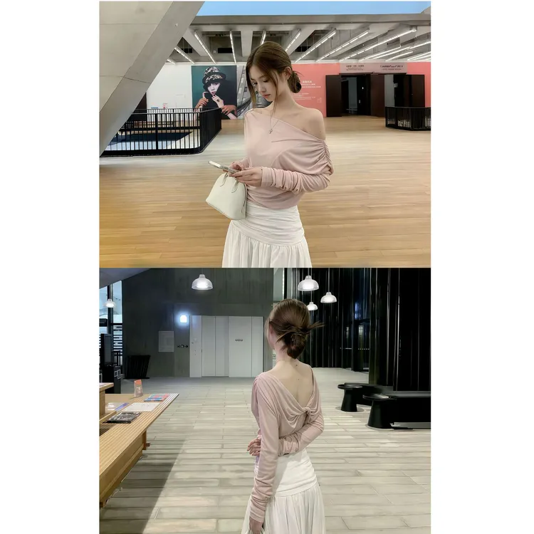 韩系温柔气质一字领褶皱收腰长袖T恤女2025春季性感锁骨薄款上衣