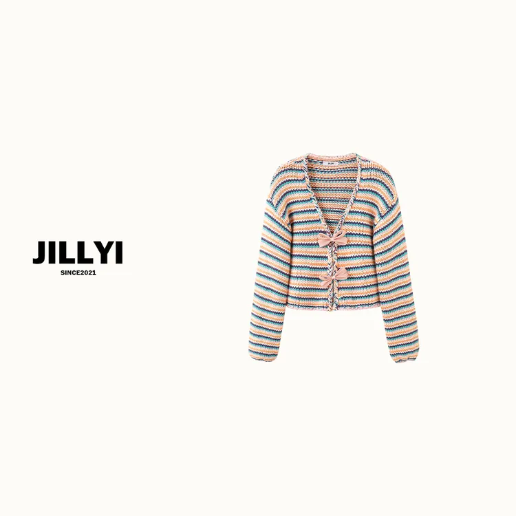 JILLYI【彩虹日记】蓝橘线条V领编织工艺少女气质元气百搭