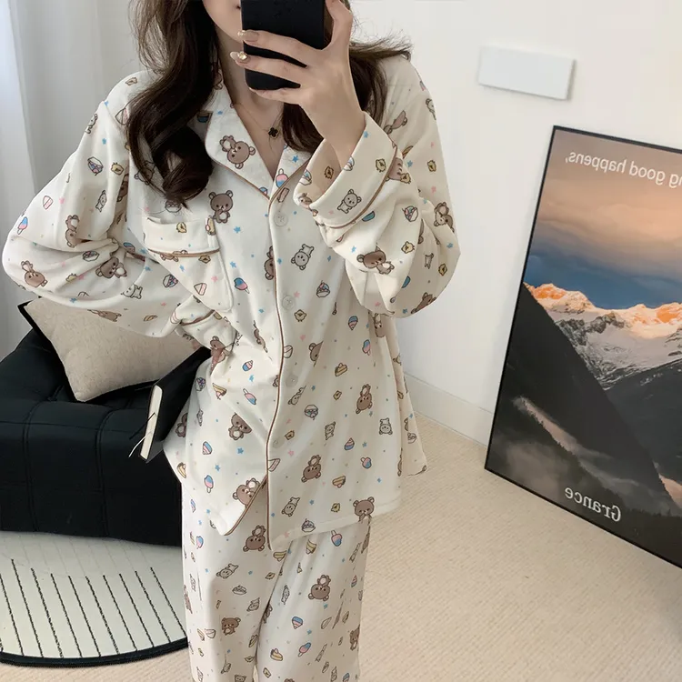 韩系卡通海岛绒睡衣女秋冬季保暖加绒可爱少女家居服套装可外穿