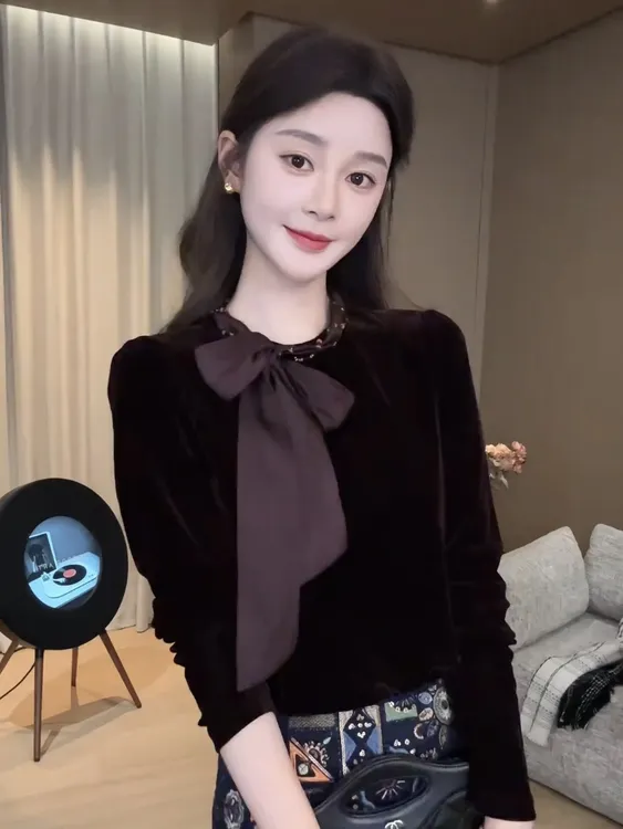 韩版高级感长袖蝴蝶结系带衬衫女百搭秋冬设计感轻奢丝绒气质上衣