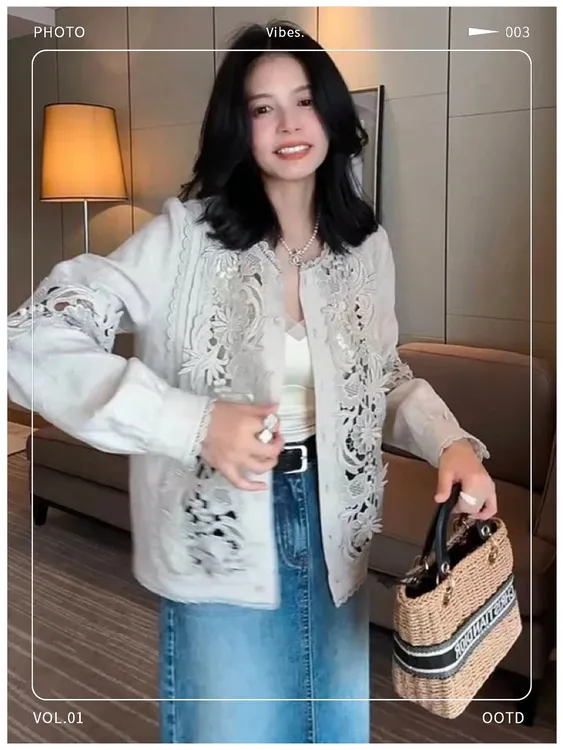 欧洲站2025春装新款时髦洋气减龄高端精致镂空长袖正肩单排扣外套