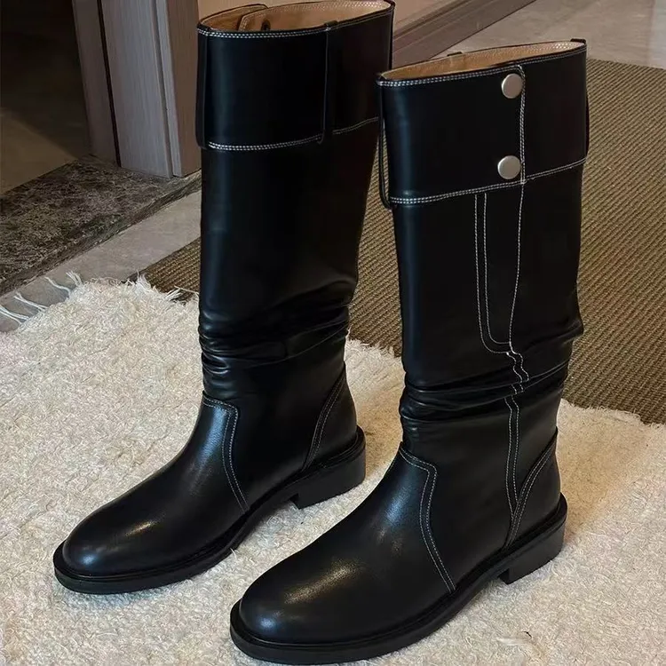 HS羊皮版~黑色复古纽扣高筒靴女秋冬不过膝褶皱堆堆靴百搭长靴