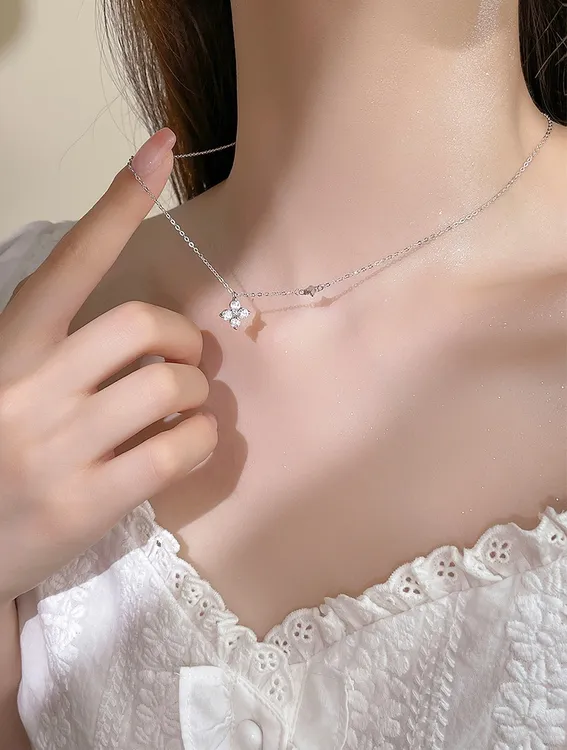 合金项链 双生四叶草项链女轻奢小众锁骨链礼物送女闺蜜甜美百搭