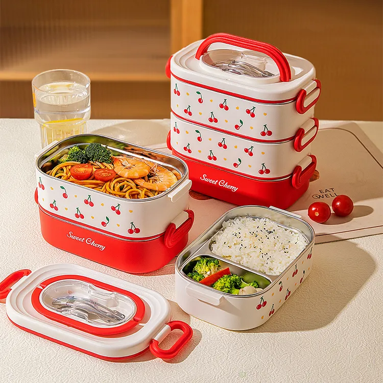 【摩登主妇】樱桃不锈钢保温饭盒上班族微波炉加热便当盒保鲜盒