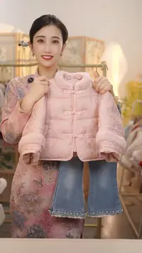 【樱落】SC697女童冬季新中式夹棉加厚棉衣外套加绒牛仔裤国风套装