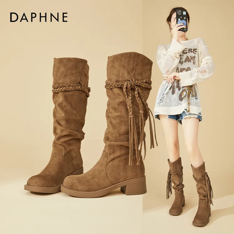 Daphne/达芙妮流苏长靴女复古粗跟堆堆靴百搭骑士靴西部牛仔靴
