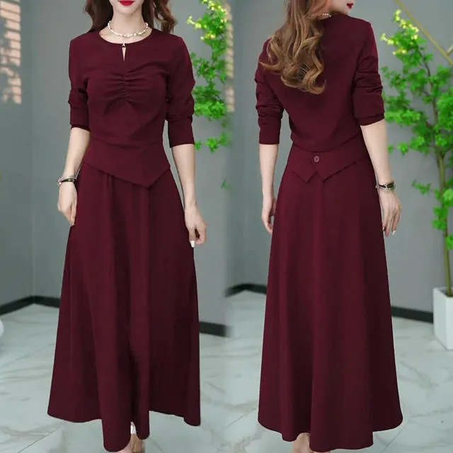 时尚洋气长袖上衣半身裙两件套女2025秋季新款显瘦遮肉法式套装裙