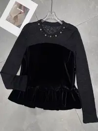 欧洲站2025新款欧货圆领拼接丝绒长袖上衣2383