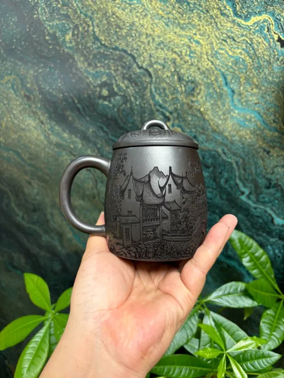 宜兴紫砂原矿石黄泥料盖杯烟雨入江南刻绘办公杯大容量400c