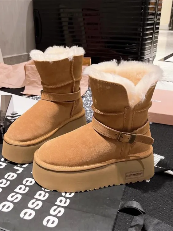 欧货磨砂真皮羊毛毛鞋翻领两穿小个子厚底松糕6cm骑士雪地棉靴女