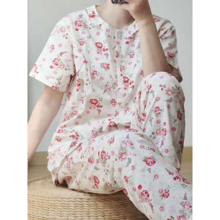 100%纯棉梭织斜纹棉布睡衣女短袖夏季薄款大码宽松全棉家居服套装