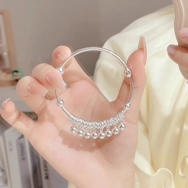 足银手镯 999纯银手镯女推拉款平安铃铛复古手环光面实心银镯子