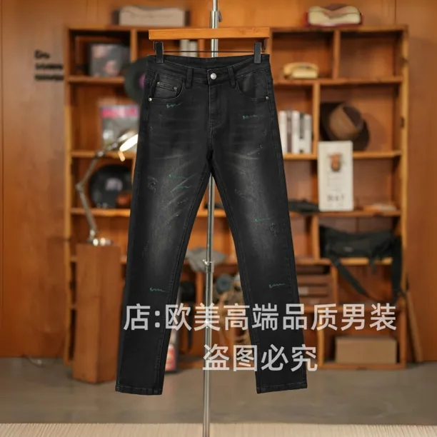 秋冬季原创高端美式彩绘黑色男士牛仔裤修身弹力个性休闲简约潮牌