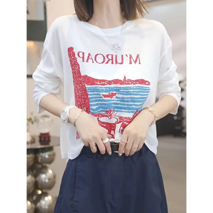 气质休闲防晒长袖T恤女2025夏季新款小众设计感时尚印花圆领上衣