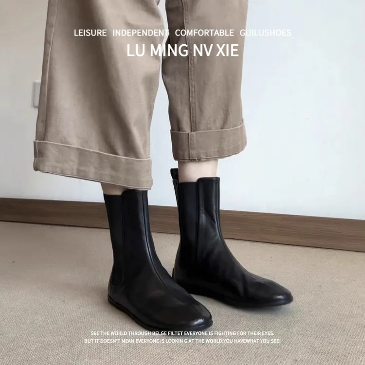 羊皮版~2025秋冬新款法式平底切尔西靴女黑色中筒百搭瘦瘦靴短靴