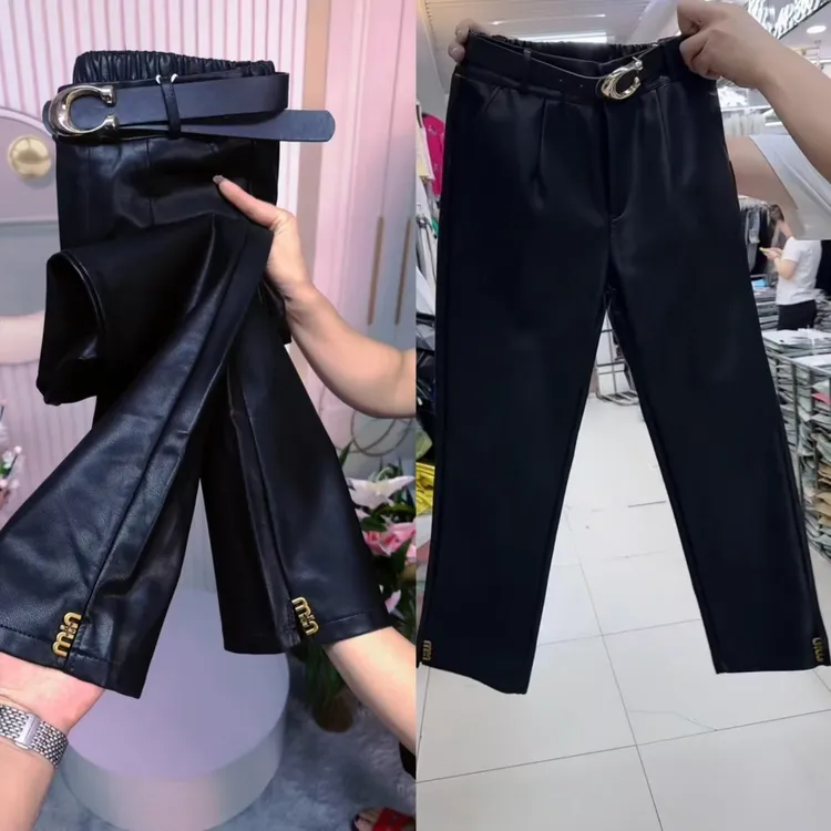 八分水洗pu休闲裤女2025年秋季新款高腰显瘦直筒裤简约百搭皮尤裤