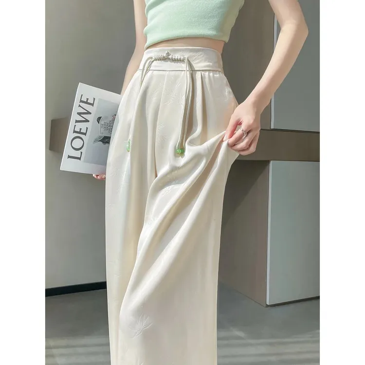 夏季提花阔腿裤女中式国风垂感直筒裤设计感盘扣缎面高腰垂感拖