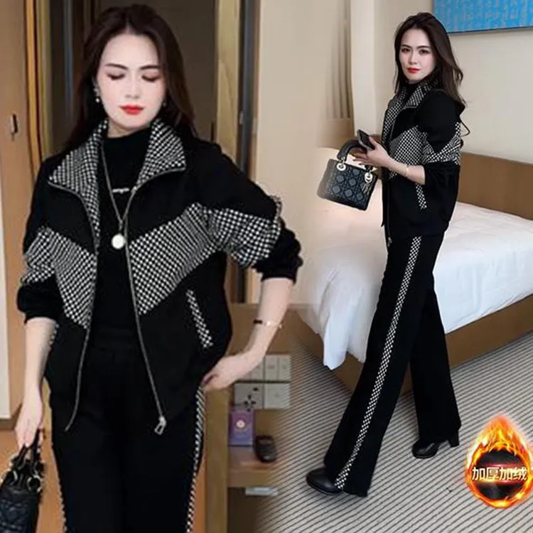 立领大码开衫卫衣两件套遮肚子显瘦加绒加厚直筒裤拼接两件套女装