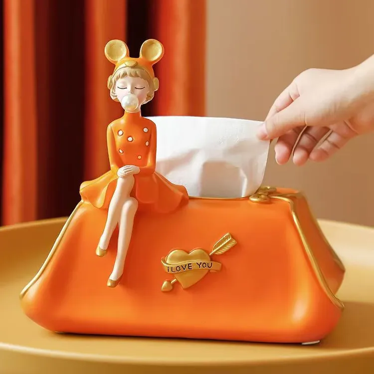 泡泡女孩纸巾盒家居客厅玄关卧室橙粉绿色抽纸盒桌面摆件