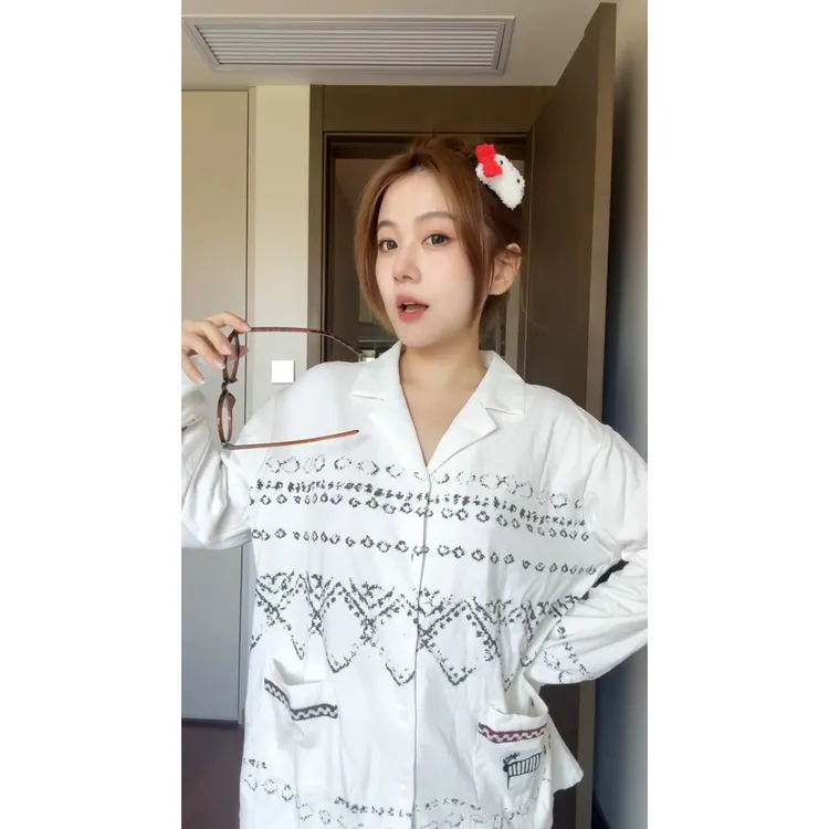 韩版简约衬衫长袖睡衣女款春秋2025新款宽松长裤家居服套装可外穿