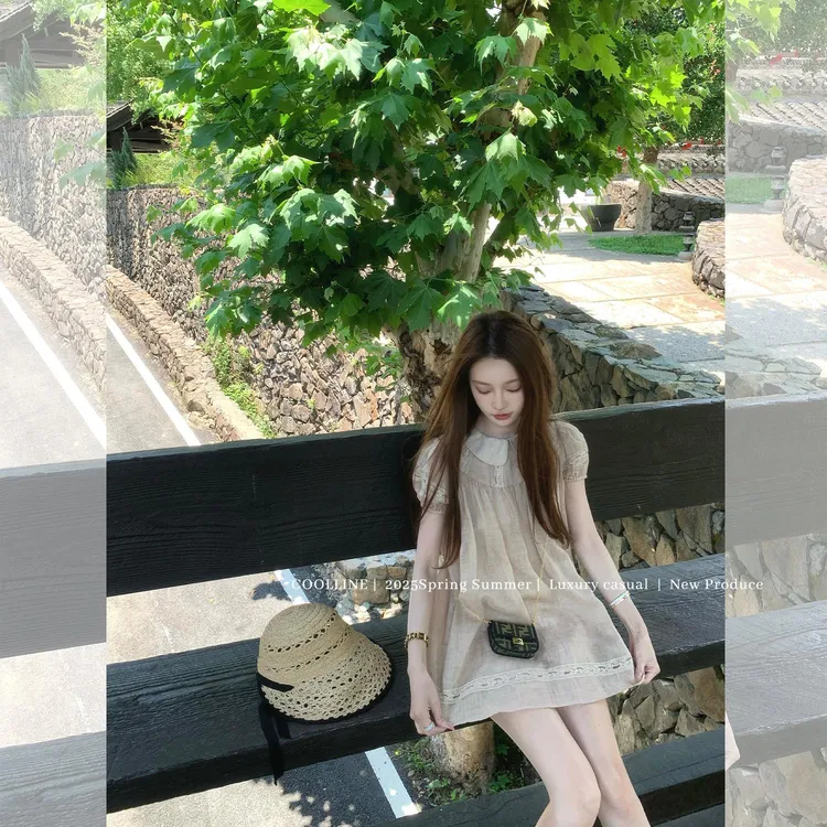 AA少女感休闲茶歇娃娃领短袖圆领宽松腰短款慵懒松弛风连衣短裙