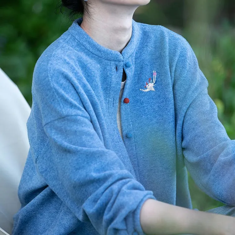 秋冬新品 刺绣中式衬衫女文艺亲肤绒面棉外套